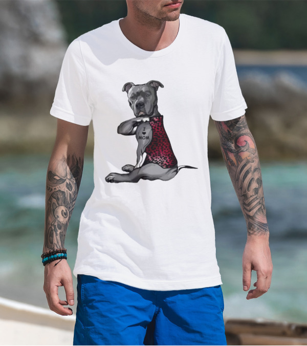 I Love Mom Dog Tattoo Red Leopard Print T-Shirt