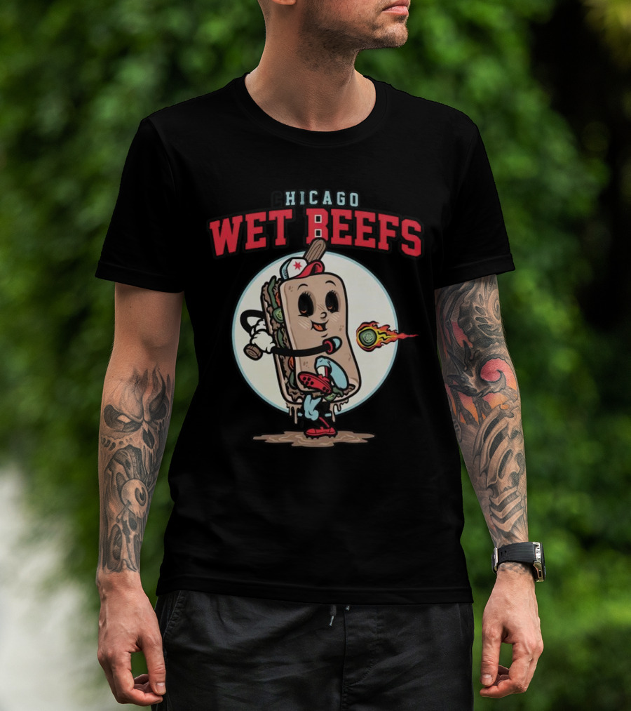 Chicago Wet Beefs Sandwich Character With Baseball Bat And Flaming Baseball T-Shirt