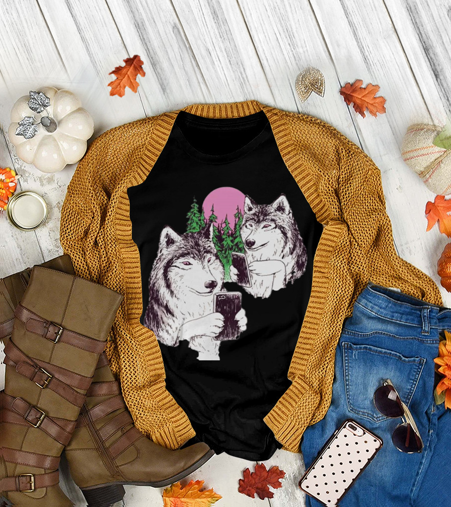 There Are Two Wolves Inside You Both on Smartphones Against a Pink Moon and Pine Trees T-Shirt