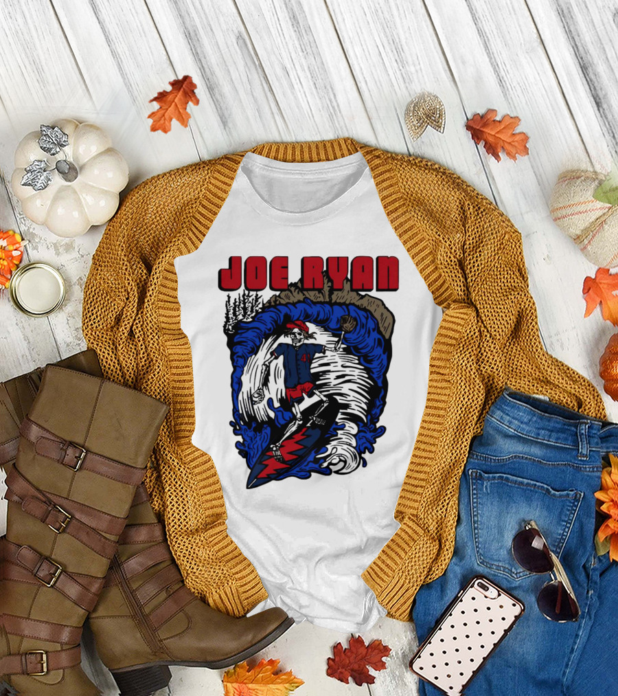 Joe Ryan Grateful Dead Surfing Skeleton Sports Style with Lightning Bolt and Baseball Glove T-Shirt