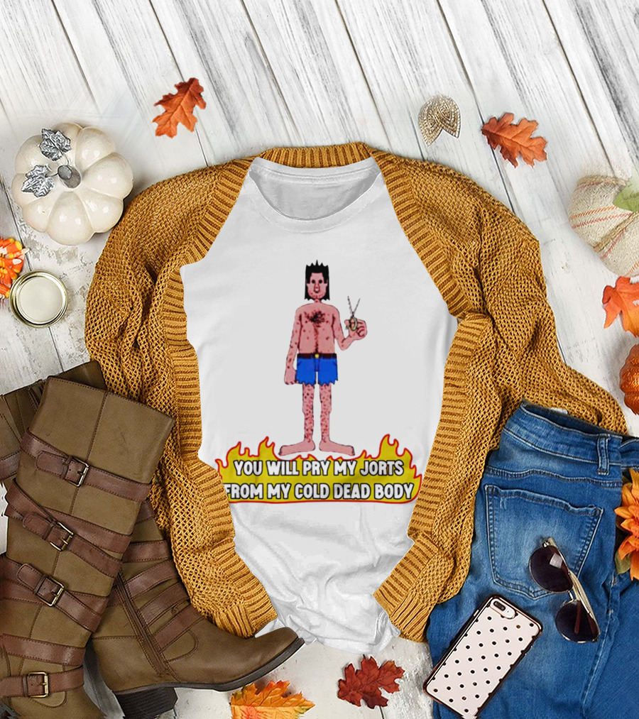 You Will Pry My Jorts From My Cold Dead Body Cartoon Character Holding Scissors in Flames T-Shirt