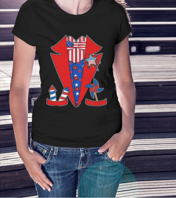 Patriotic Stars And Stripes Tuxedo With Fireworks And Pinwheel T-Shirt