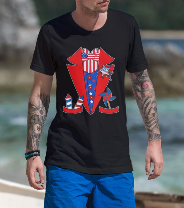 Patriotic Stars And Stripes Tuxedo With Fireworks And Pinwheel T-Shirt