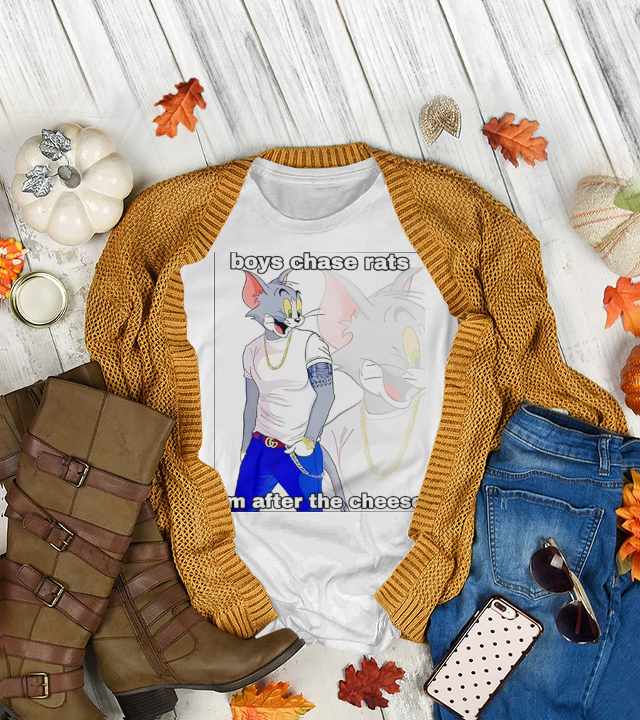 Boys Chase Rats, I'm After the Cheese Cartoon Cat with Gold Chain and Watch T-Shirt