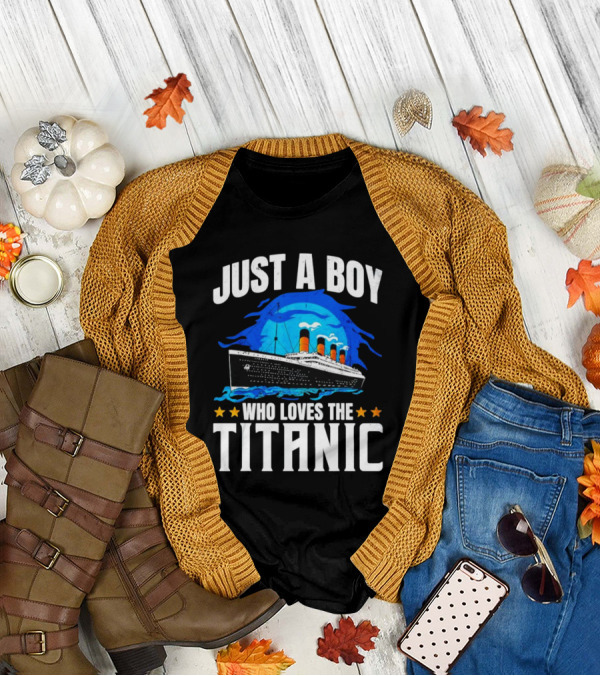 Just A Boy Who Loves The Titanic Ship With Blue Ocean And Stars T-Shirt