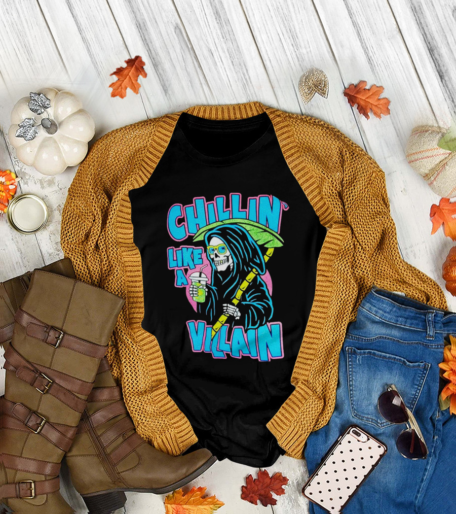 Chillin' Like a Villain Skeleton with Umbrella and Drink T-Shirt
