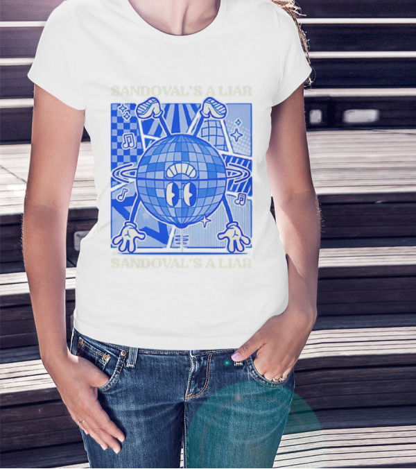 Sandoval's A Liar Blue Globe Cartoon Music Notes Geometric Background T-Shirt