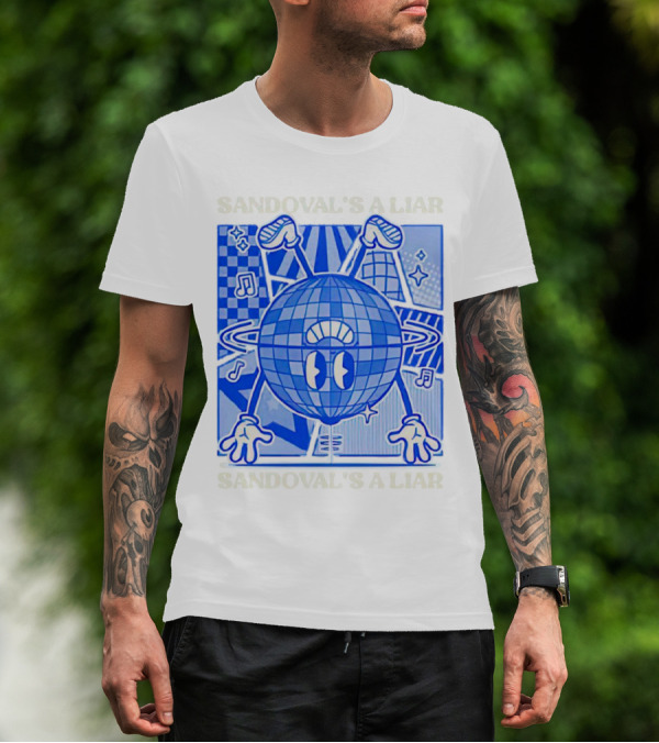 Sandoval's A Liar Blue Globe Cartoon Music Notes Geometric Background T-Shirt