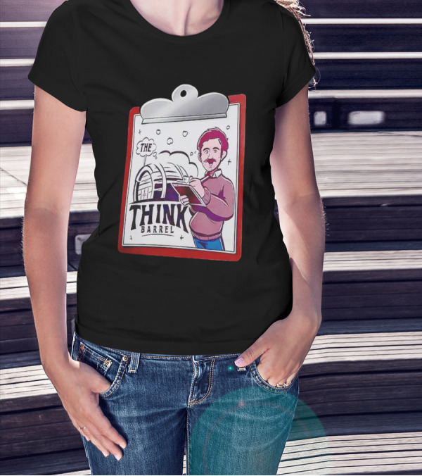 The Think Barrel Clipboard With Cartoon Character And Building Outline T-Shirt