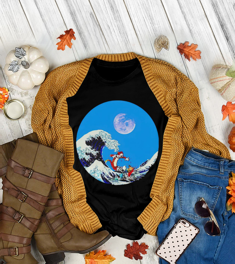 Calvin and Hobbes Lovers Great Wave Moon Adventure T-Shirt