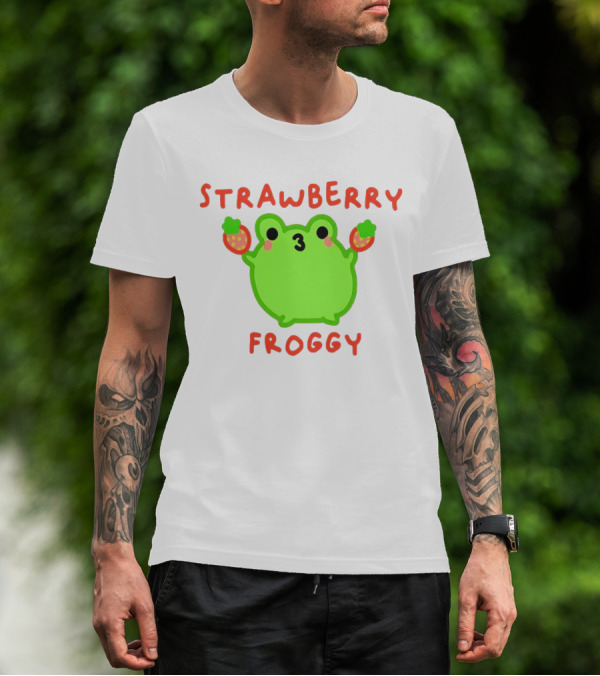 STRAWBERRY FROGGY Green Frog Holding Strawberries T-Shirt