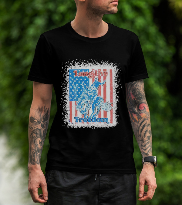 Long Live Freedom America Flag Cowboy And Horse T-Shirt