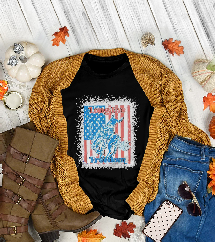 Long Live Freedom America Flag Cowboy and Horse T-Shirt