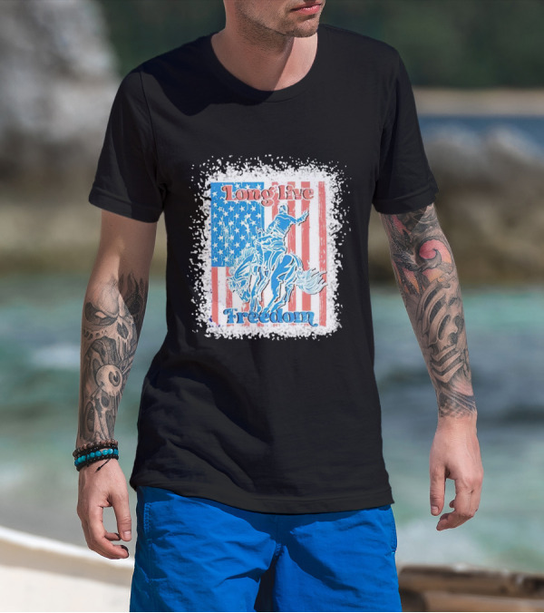 Long Live Freedom America Flag Cowboy And Horse T-Shirt