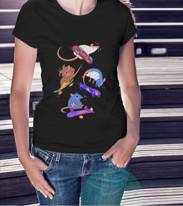 Skateboarding Ratical Rat Colorful Tricks T-Shirt