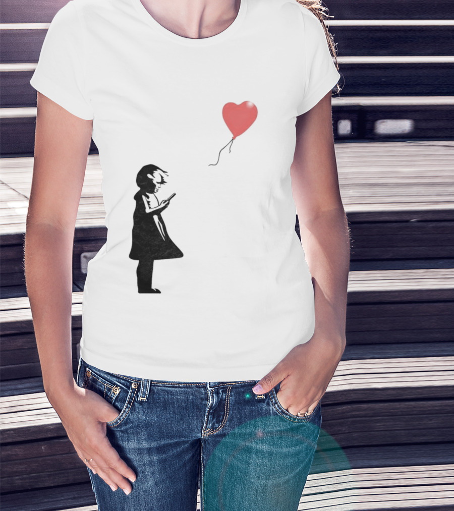 Girl With Phone Heart Balloon Black Dark Shadow T-Shirt