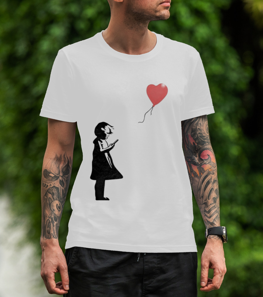 Girl With Phone Heart Balloon Black Dark Shadow T-Shirt