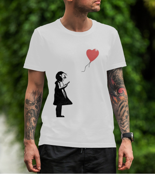 Girl With Phone Heart Balloon Black Dark Shadow T-Shirt