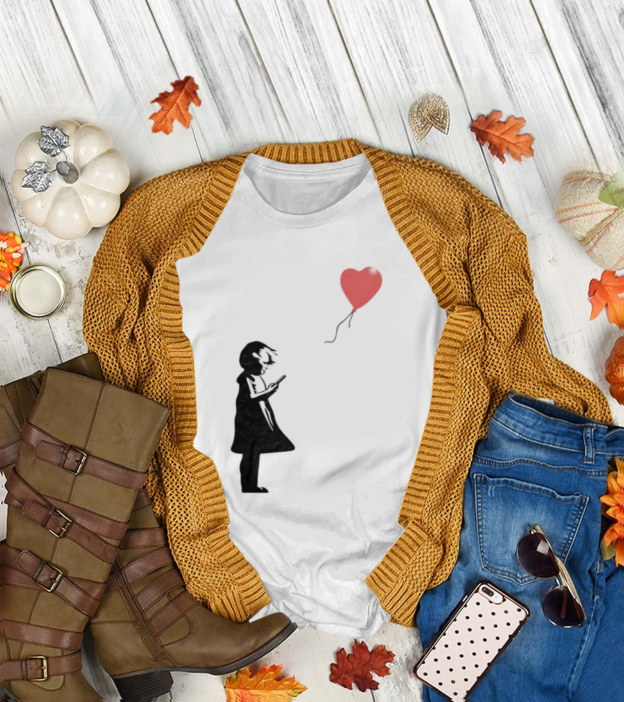 Girl With Phone Heart Balloon Black Dark Shadow T-Shirt