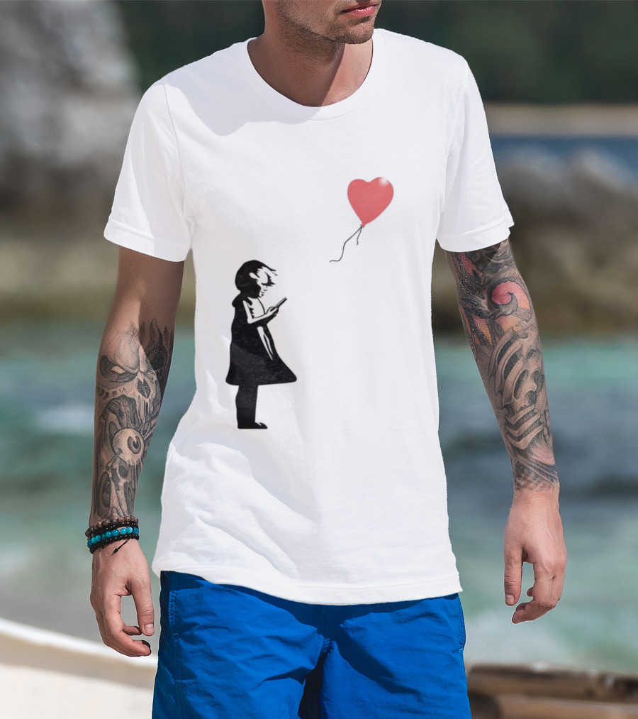 Girl With Phone Heart Balloon Black Dark Shadow T-Shirt