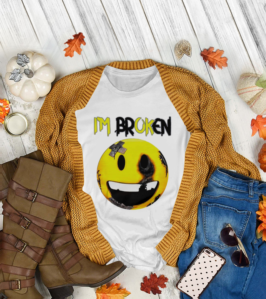I'M BROKEN Smiley Burned and Patched Emo Smiley Face T-Shirt