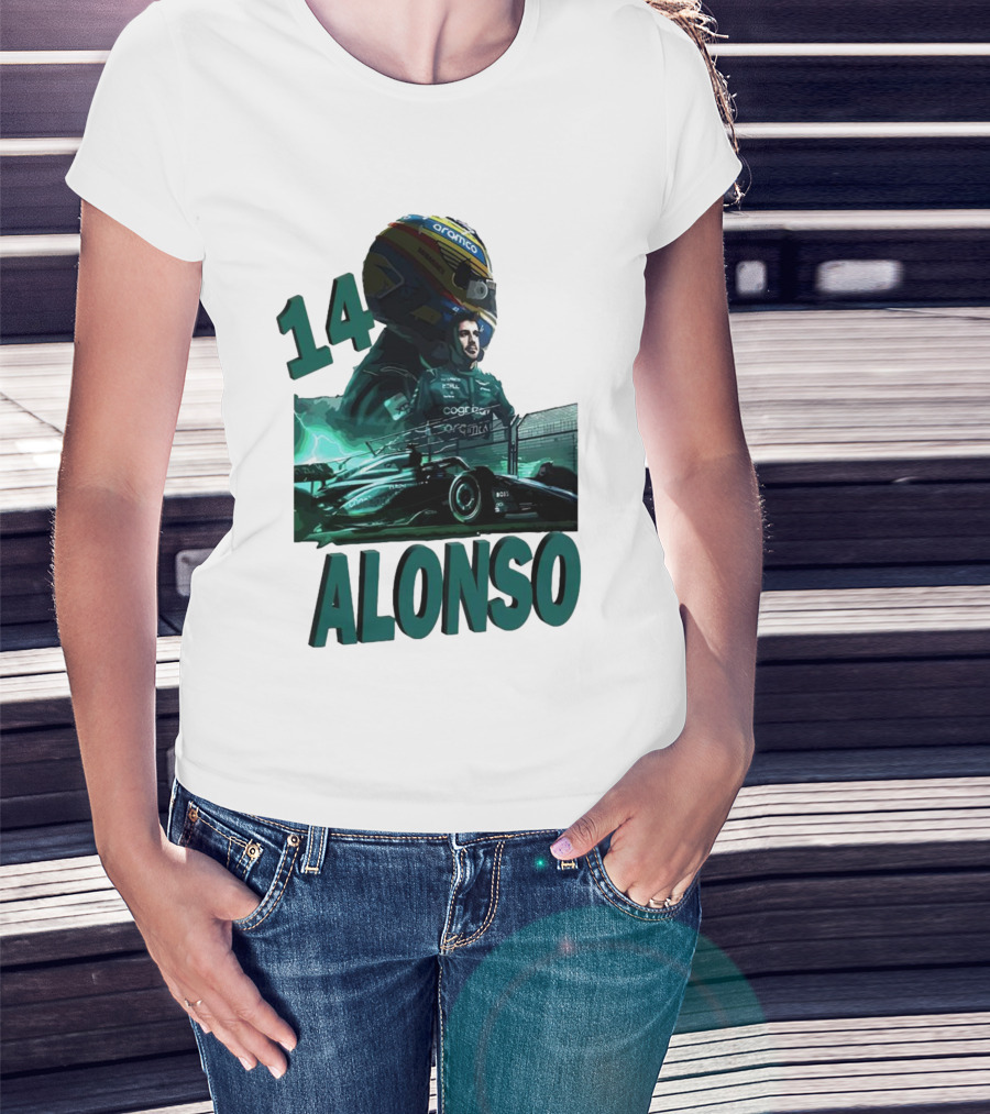 14 Alonso Aramco Racing Helmet And Car T-Shirt