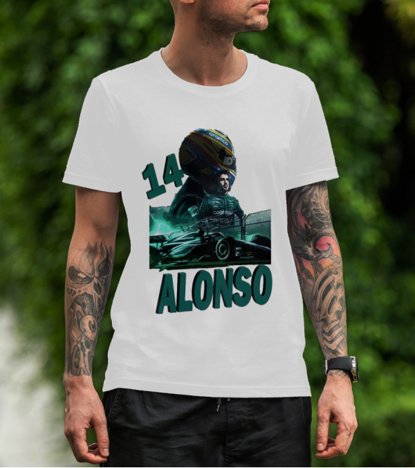 14 Alonso Aramco Racing Helmet And Car T-Shirt