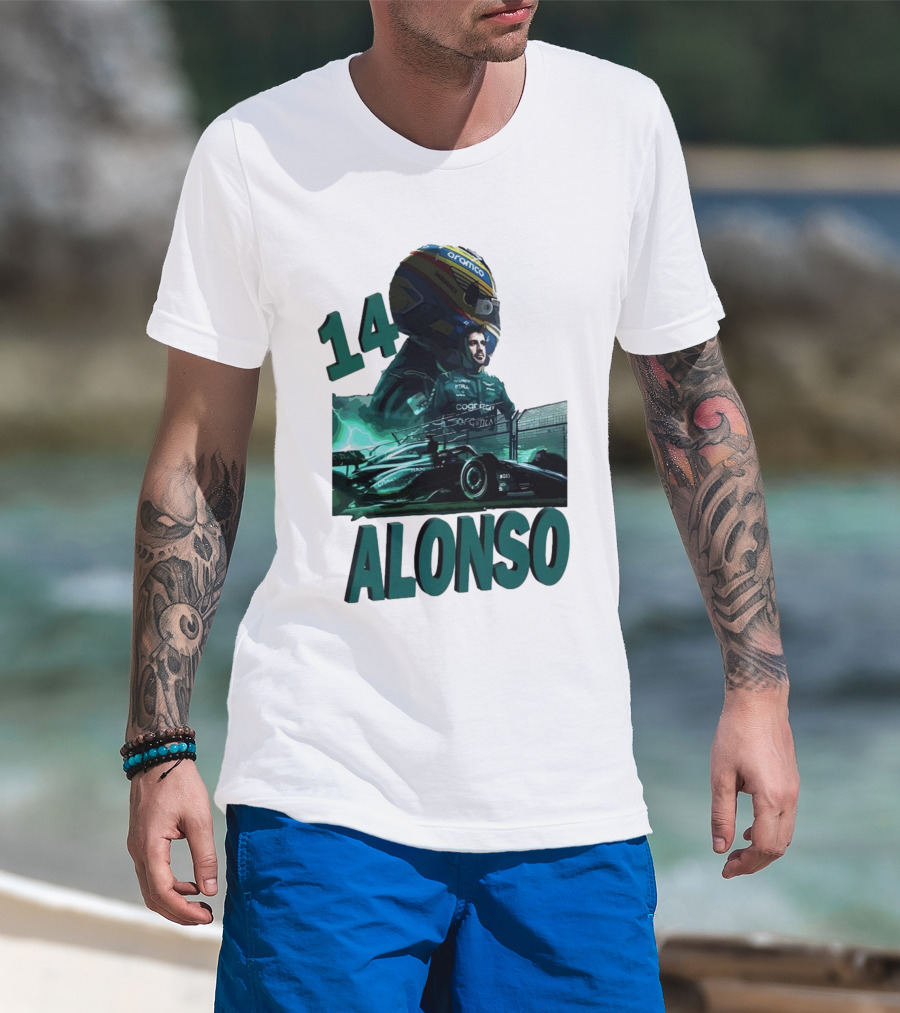 14 Alonso Aramco Racing Helmet And Car T-Shirt