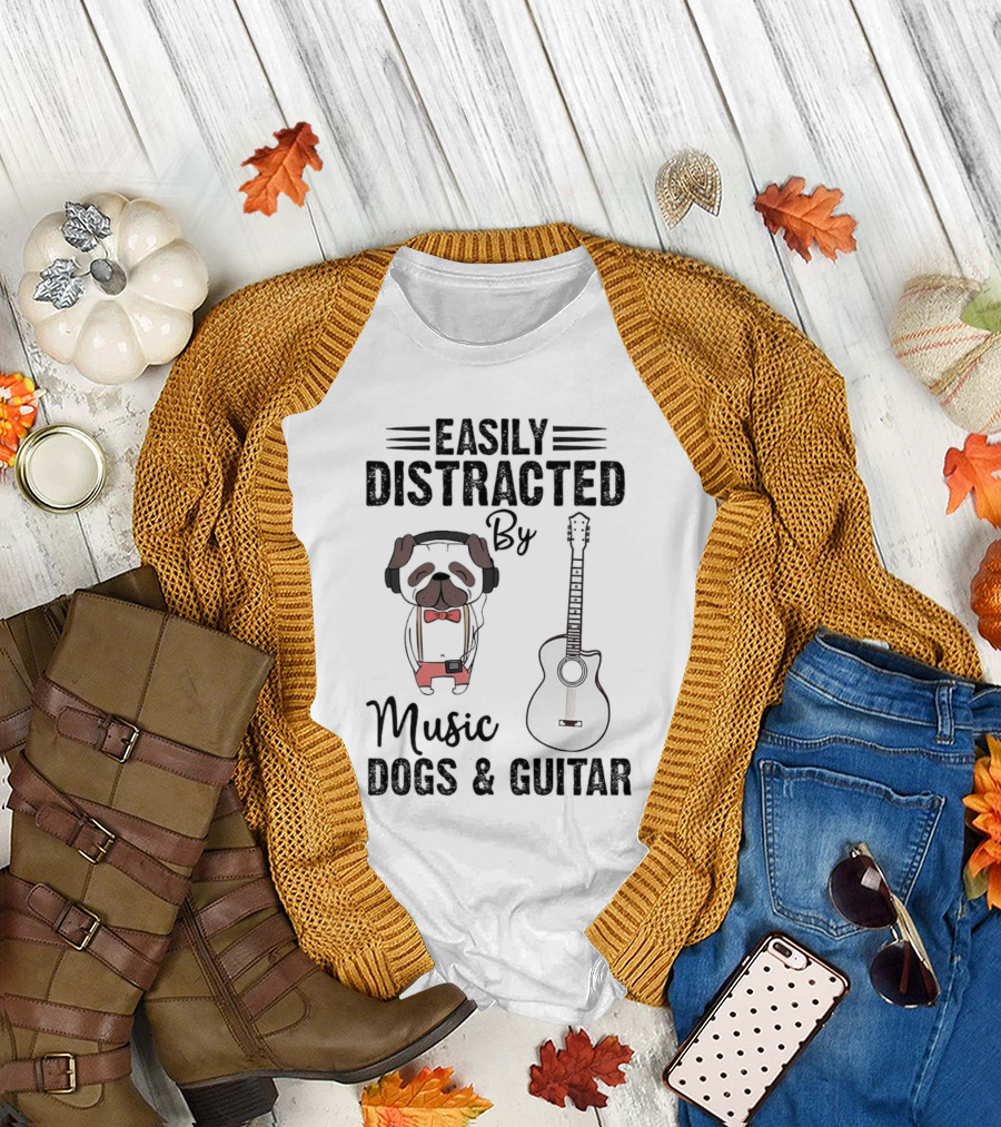 Easily Distracted By Music Dogs and Guitar T-Shirt