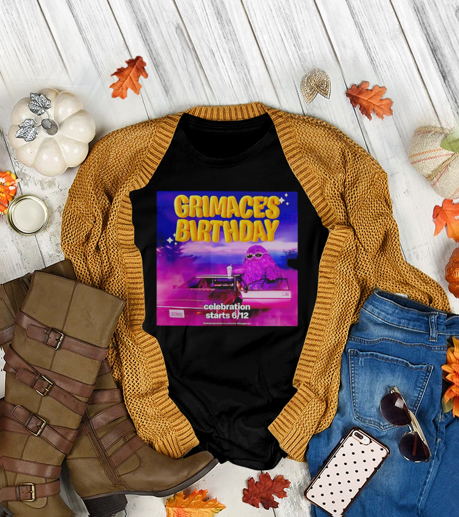 Grimace's Birthday Celebration Starts 6/12 with Purple Character and Sunglasses T-Shirt