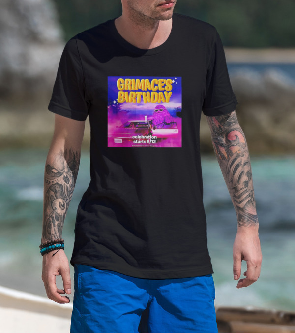 Grimace's Birthday Celebration Starts 6/12 With Purple Character And Sunglasses T-Shirt