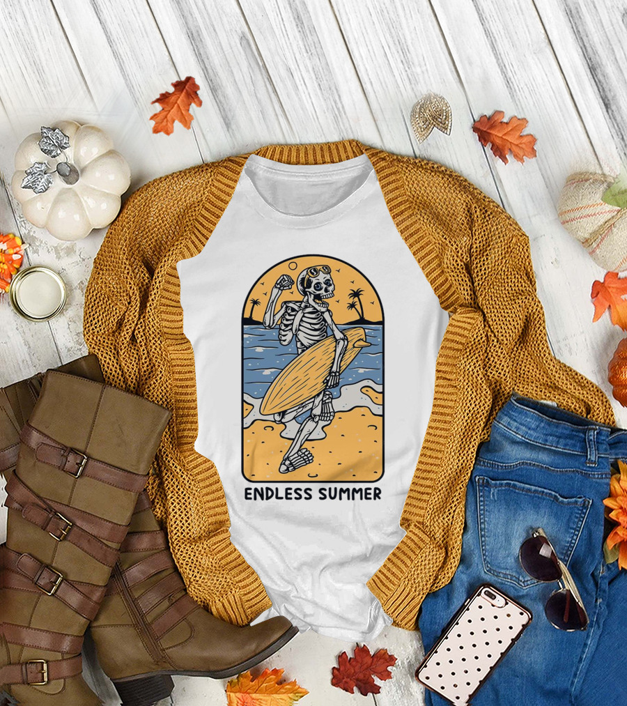 Skeleton Surfer Endless Summer Beach Vibes T-Shirt