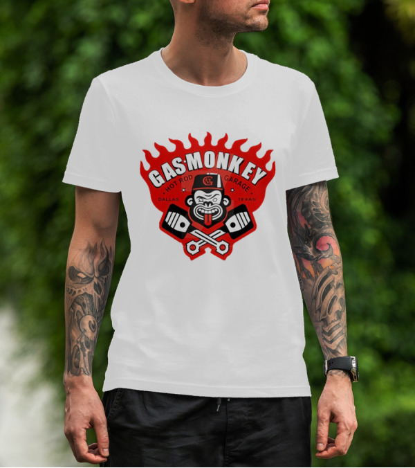 Gas Monkey Hot Rod Garage Dallas Texas Flame Logo Monkey With Pistons T-Shirt