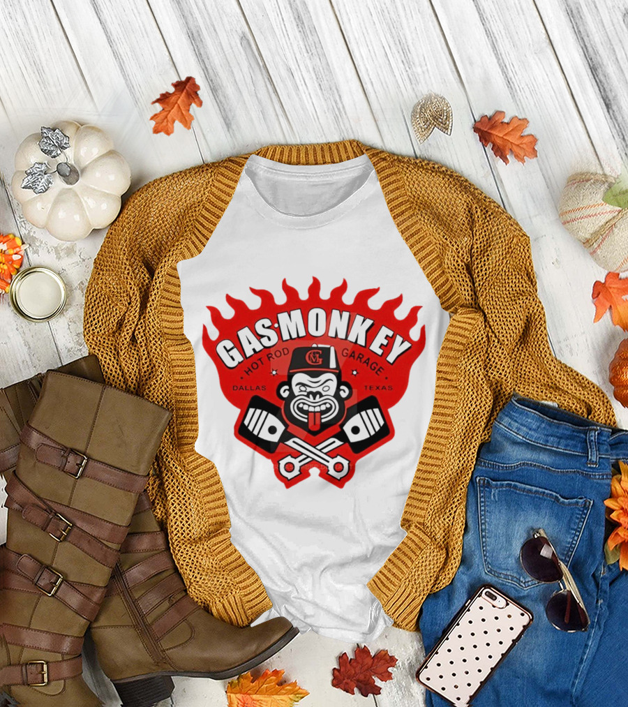Gas Monkey Hot Rod Garage Dallas Texas Flame Logo Monkey with Pistons T-Shirt