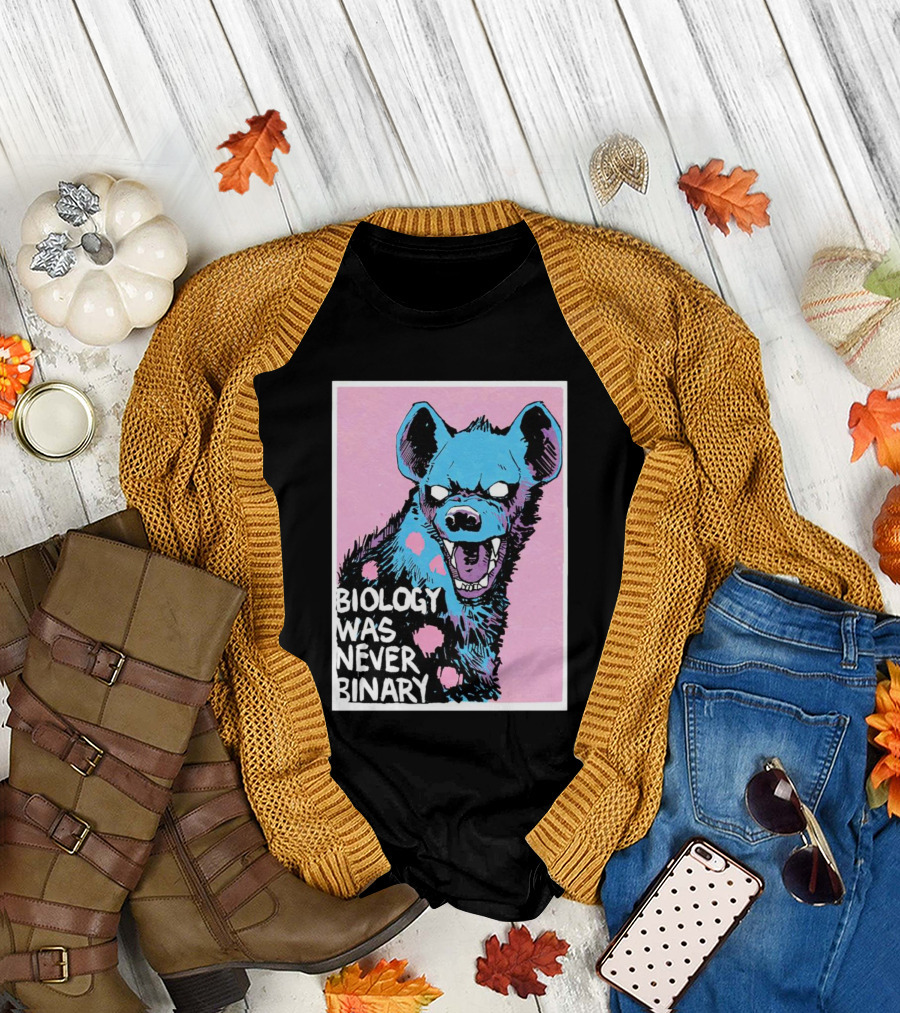 Biology Was Never Binary Blue Hyena Pink Background T-Shirt
