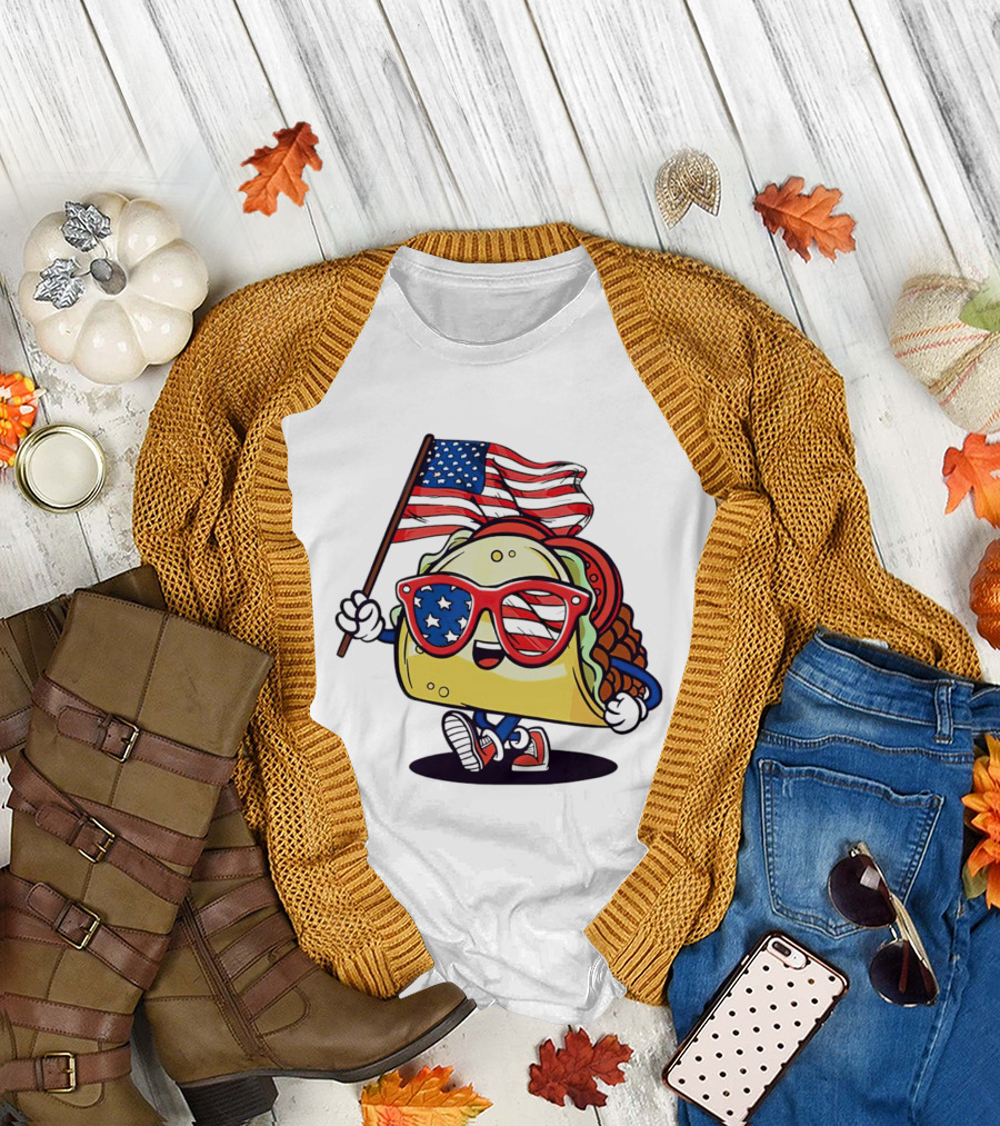 4th Of July Taco with Sunglasses Holding American Flag USA T-Shirt