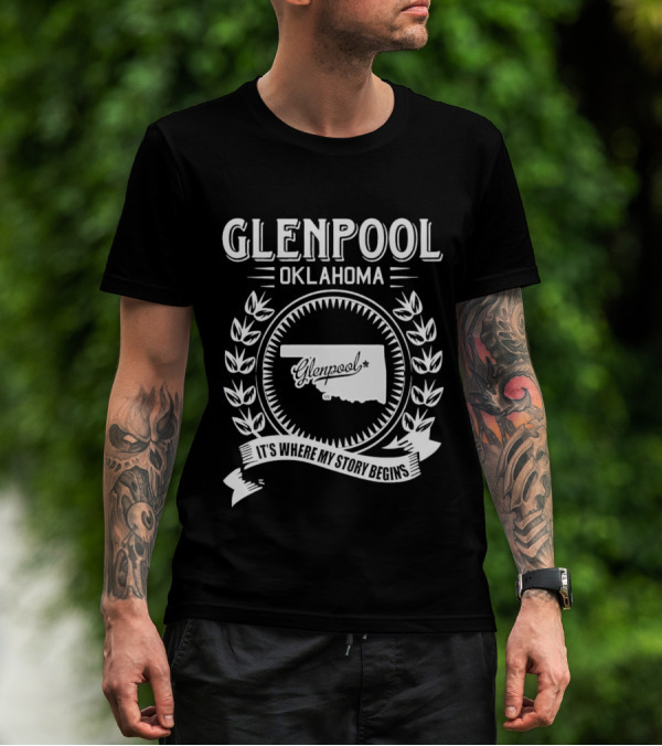 Glenpool Oklahoma It's Where My Story Begins Location Map And Laurel Wreath T-Shirt