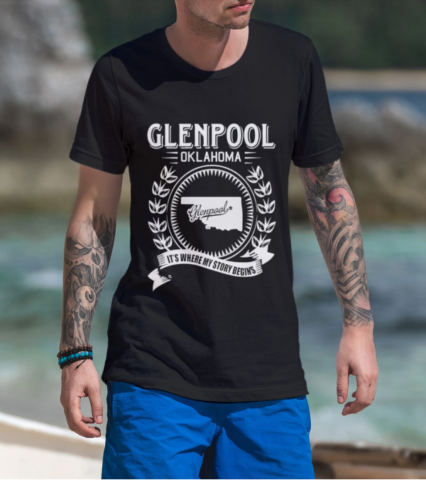 Glenpool Oklahoma It's Where My Story Begins Location Map And Laurel Wreath T-Shirt