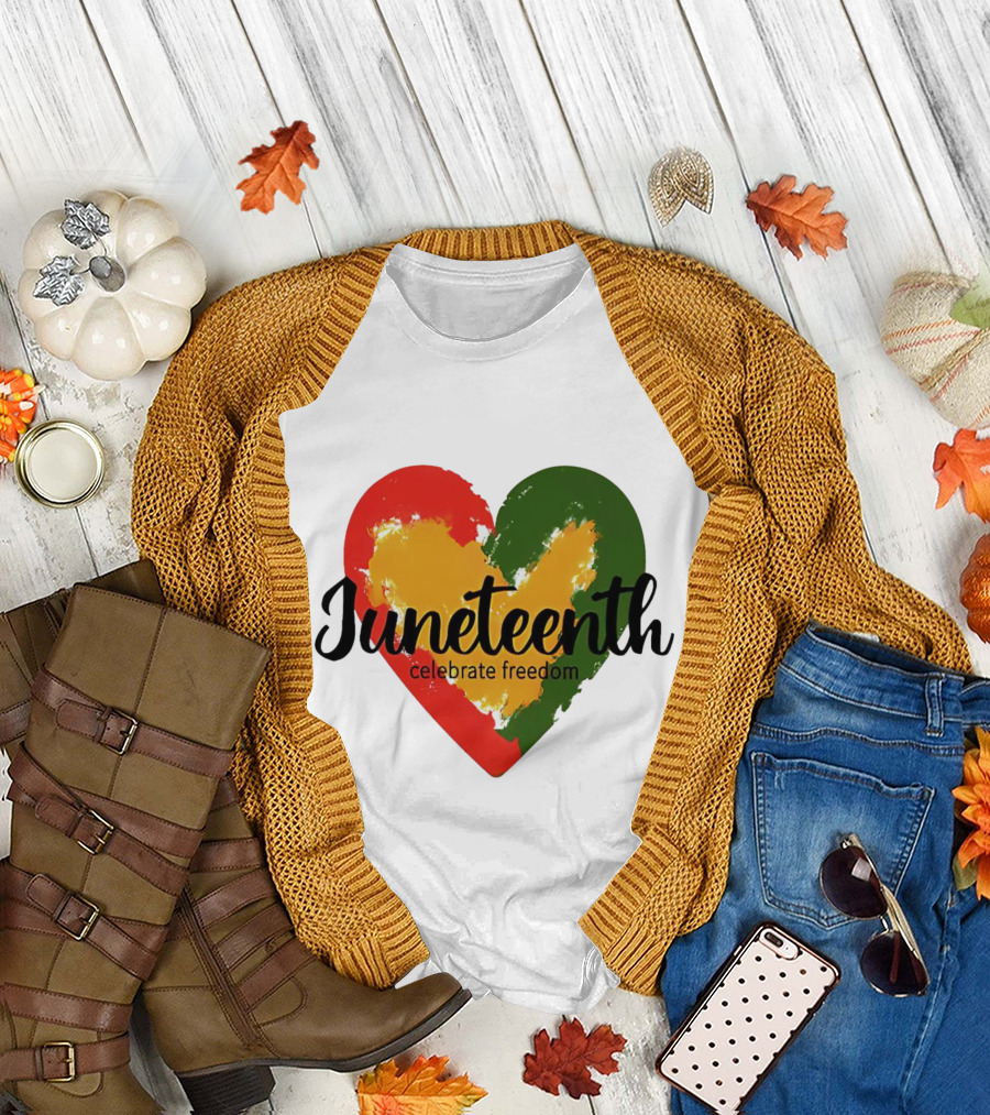 Juneteenth Celebrate Freedom Heart with Red Yellow Green Colors T-Shirt