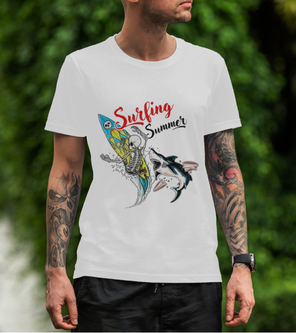 Surfing Summer Skeleton Battling Shark Adventure T-Shirt