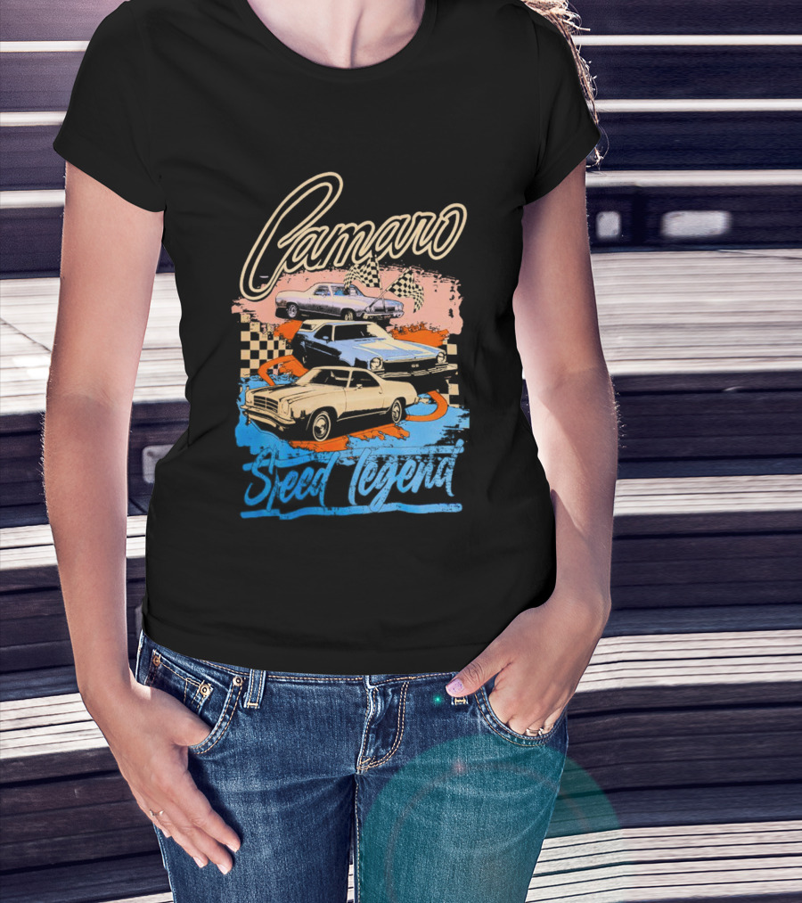 Camaro Speed Legend Vintage Racing Cars Checkered Flags T-Shirt