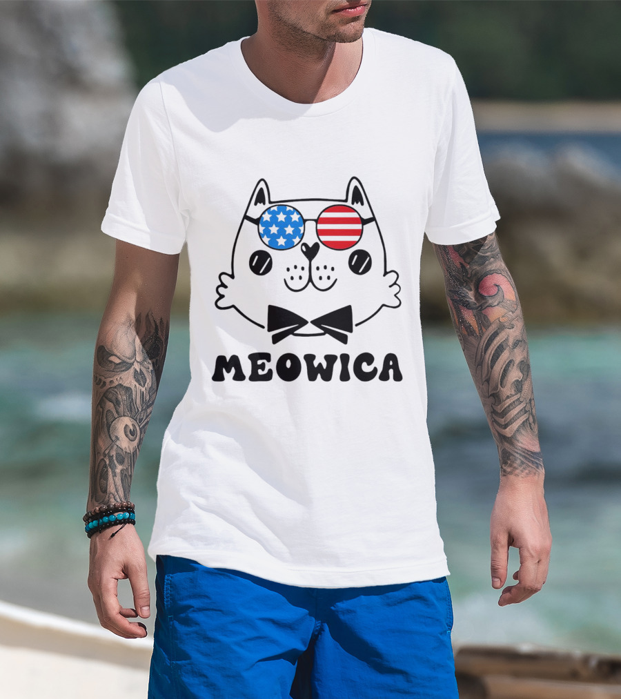 Meowica America Cat In Patriotic Star And Stripe Sunglasses T-Shirt