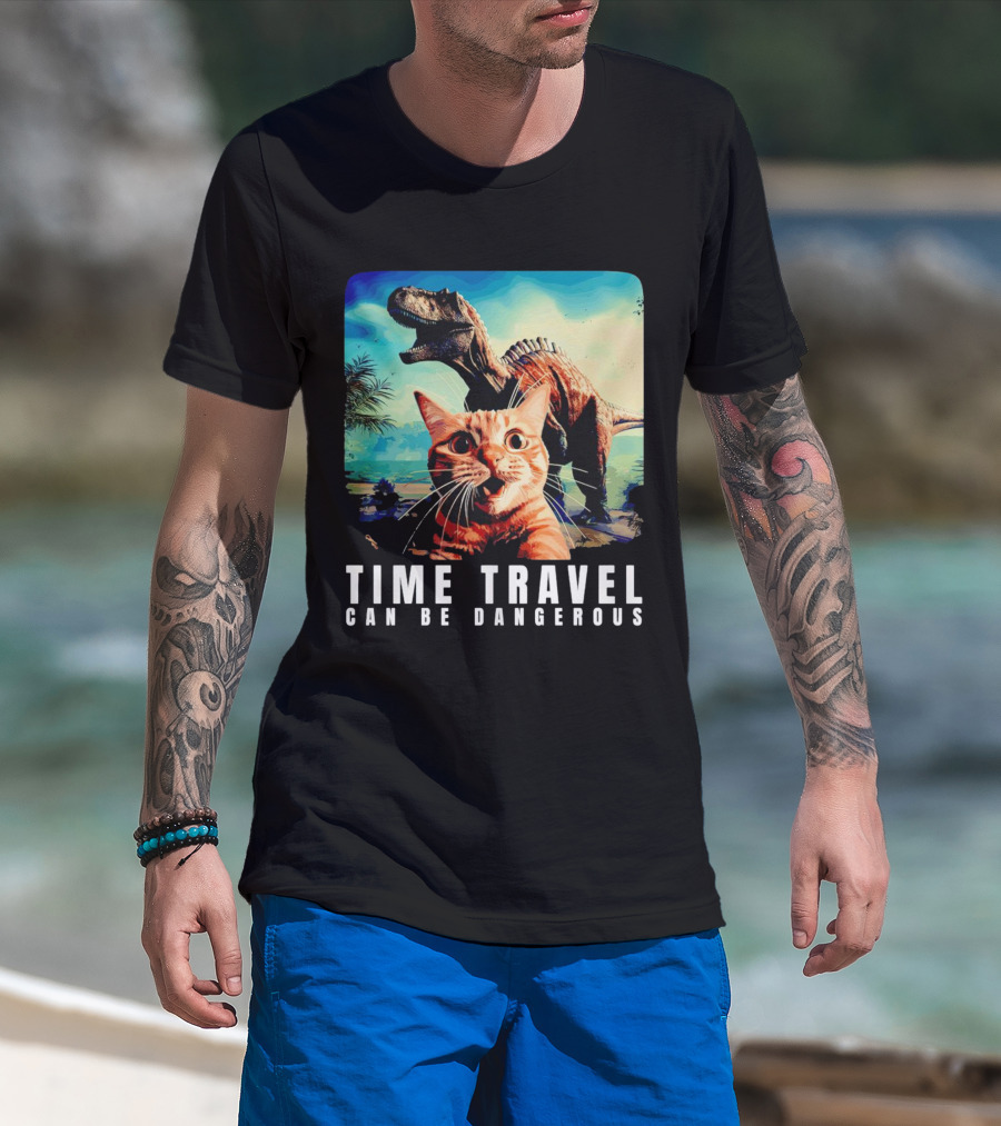 Time Travel Cat With Dinosaur Adventure Can Be Dangerous T-Shirt