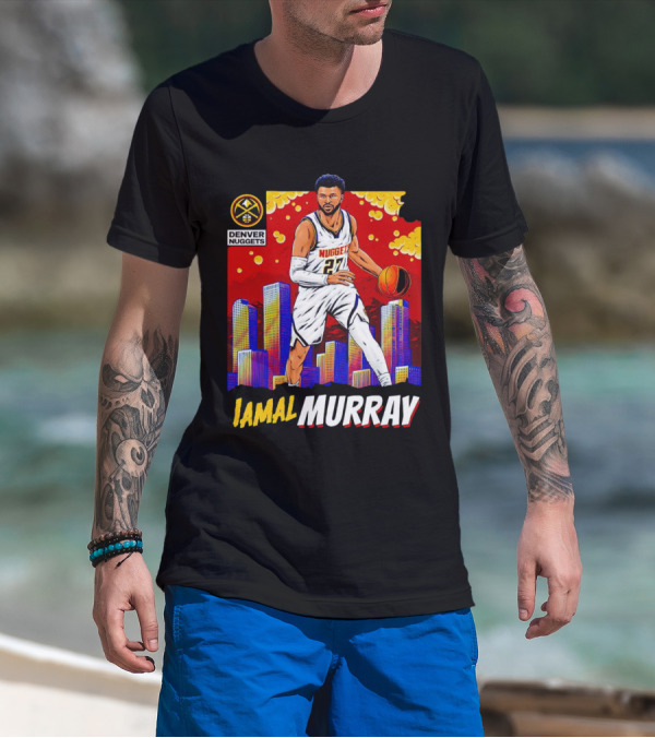 Denver Nuggets Jamal Murray Basketball Skyline Comic T-Shirt