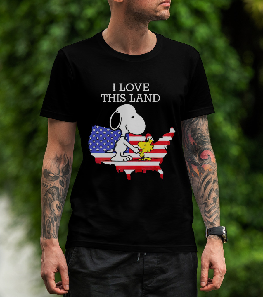 Snoopy Woodstock I Love This Land American Flag USA Map T-Shirt