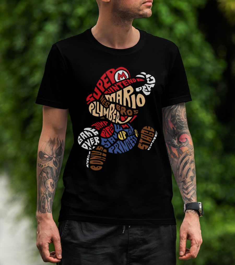 Super Nintendo Mario Bros Plumber Jump Stage Game Typography T-Shirt