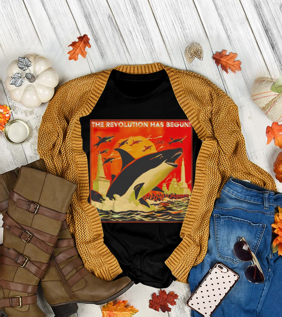 The Revolution Has Begun Orca Tower Attack with Jumping Killer Whales and Red Sky T-Shirt