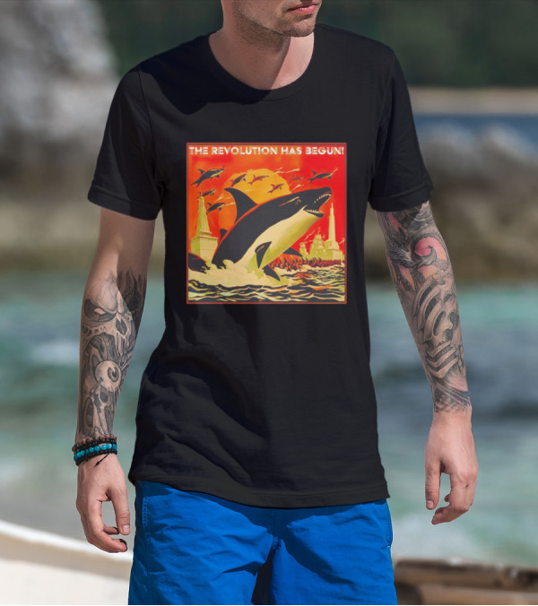 The Revolution Has Begun Orca Tower Attack With Jumping Killer Whales And Red Sky T-Shirt