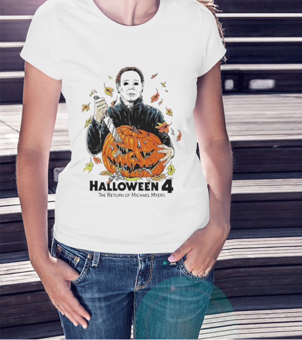 Halloween 4 The Return Of Michael Myers Knife-Wielding Michael With Carved Pumpkin And Autumn Leaves T-Shirt