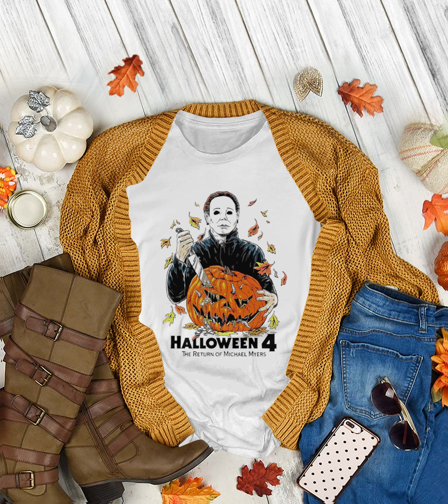 Halloween 4 The Return of Michael Myers Knife-Wielding Michael with Carved Pumpkin and Autumn Leaves T-Shirt